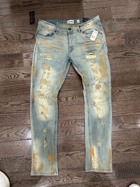 FWRD Men’s Skinny Light Blue Jeans with Rust Accents